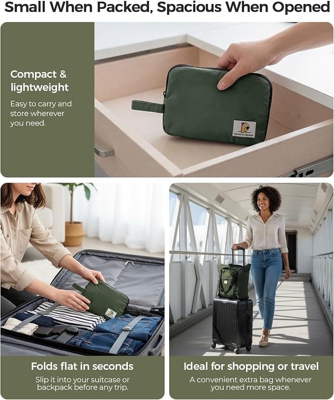 Foldable Travel Bag, 26L Duffle Bag for Travel, Expandable Second Carry-On Bag for Travel & Shopping, Water-Resistant Personal Item Bag, Dark Olive
