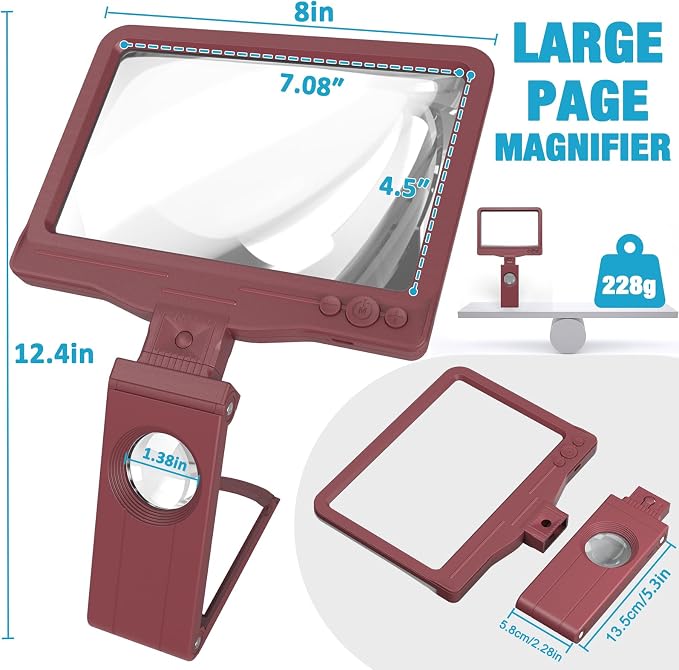 30X 6X Rechargeable Magnifying Glass for Reading, Large Full Page Magnifier with Folding Stand, 3 Color Light Modes, Dimmable LED Lighted, Hands Free Book Magnifier for Low Vision Seniors, Red
