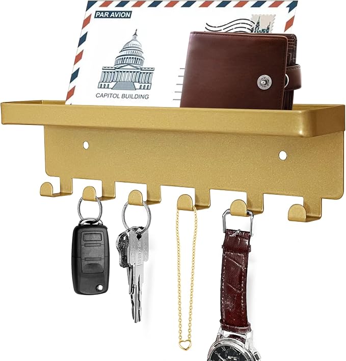 GTK Key Holder for Wall, Key Hooks with Tray and 6 Hooks, Wall Mounted Key Holder for Hallway, Key Rack with Shelf for Mail Storage (Gold)