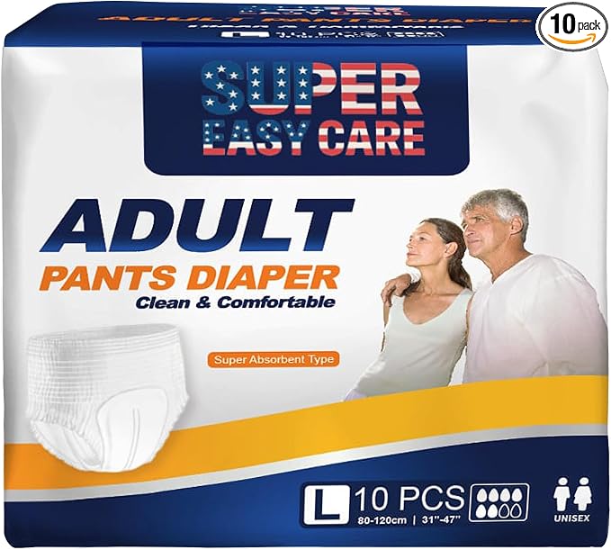 Super Easy Adult Diapers Pack of 10 | Disposable Incontinence Underwear for Men & Women | Leakproof, High Absorbency, Soft & Comfortable Day & Night Protection