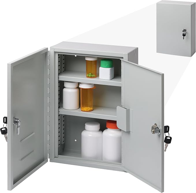 Durabox 2-Door Narcotics Cabinet - Double Door & Dual Key Lock Steel Cabinet for Safe Storage of Medicine, Prescription Drugs, Medical Supplies and More, 10" W x 15" H x 4-1/2"D (Grey, Small)