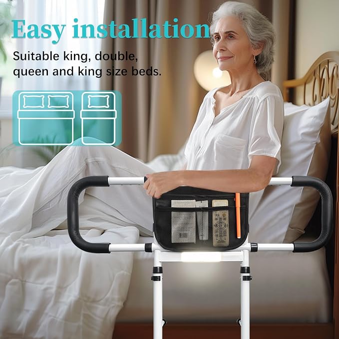 AOHHL Bed Rails for Elderly Adults Safety with Adjustable Heights Storage Pocket Assist Support Side Railings for Seniors Citizens Slides Under Mattressbed Cane Bed Guard Bed (White with Light)
