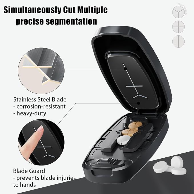 Pill Cutter Splitter for Small and Tiny Pills - Pill Cutter 1/4 - Accurately Cuts Multiple Pills - Easy Open Snap Button. Detachable Nonslip V-Shaped Pad. Wrap-Around Blade Guard. Back Storage (Black)