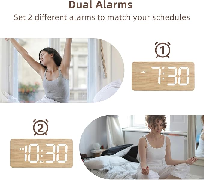 uscce Wooden Digital Alarm Clocks for Bedrooms with 0-100% Dimmable Display | Desk Clock with Large Numbers for Living Room - Loud Dual Alarm for Heavy Sleepers with Volume Control - Wood Decor & Gifts