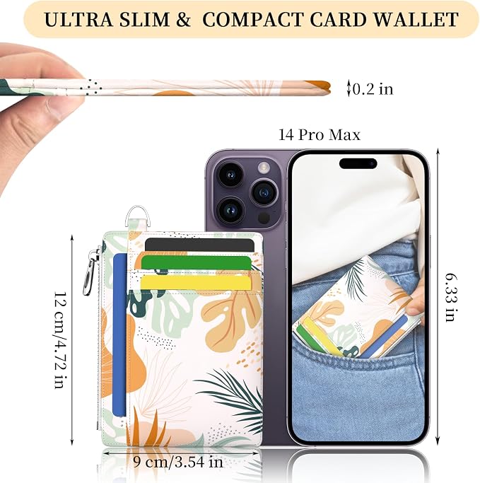 Hancynir Boho Leaves Slim Wallet Women Credit Card Holder, RFID Small Cute | Zipper Pocket Wallet, Thin Travel Coin Purse, Ladies Women Gifts, Minimalist Card Case, 6 Card Slots, ID Window, PU Leather