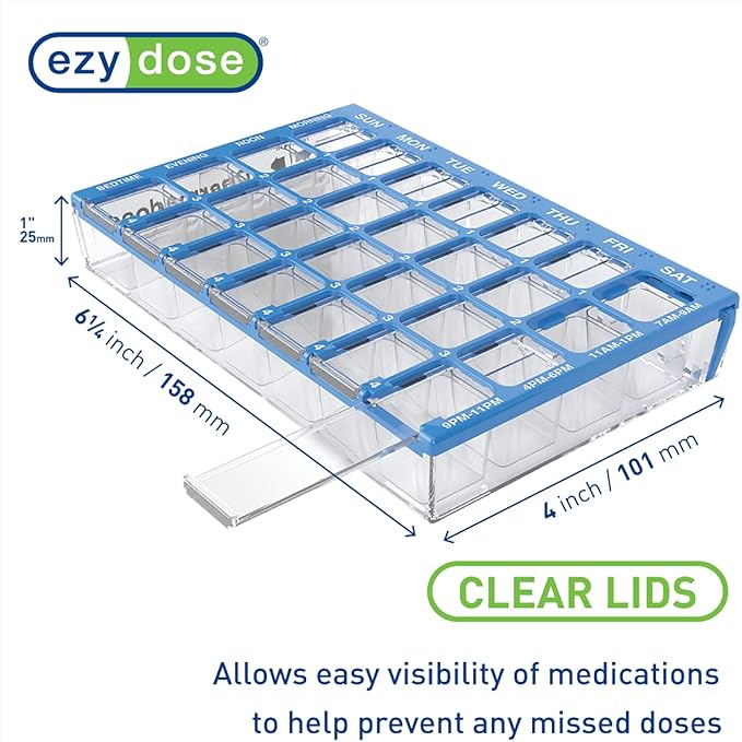 EZY DOSE Pill Organizer Weekly (7-Day), Medicine Planner, Vitamin Box, Small Compartments with Easy Fill Tray Case, 4 Times a Day, Easy to Use Containers, Clear Lids, Blue, BPA Free