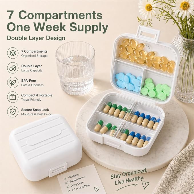 Small Travel Pill Box, Double Layer 7-Compartments Pill Organizer, 3.1" x 3.1" x 1.4" Portable Weekly Pill Case Container for Pocket, 7 Day Compact Medicine Holder for Vitamins, Fish Oils White