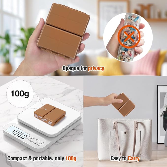 FYY Weekly Pill Organizer 2 Times a Day, Magnetic Travel Pill Box AM PM with Easy Open – 7-Day Daily Pill Case Medicine Organizer for Vitamins,Supplements - Brown