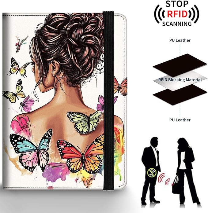 Passport Holder Wallet Cover Case,RFID Blocking Passport Cover,Large Capacity Travel Wallet with Multi Card Slots (Butterfly Girl Watercolor Art)