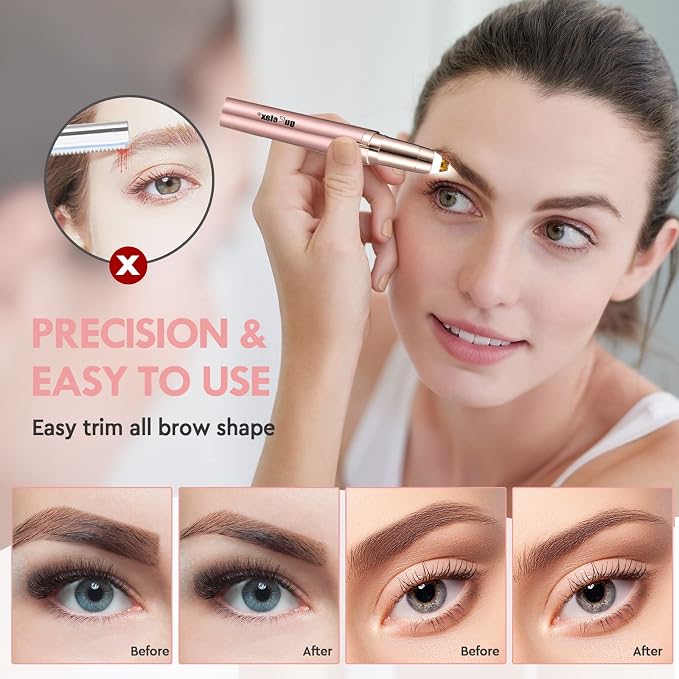 gurelax Eyebrow Trimmer for Women, Rechargeable Eyebrow Hair Remover, Painless Electric Razor with 2 x Replacement Heads,Face & Eye Brow Nose Ear Shaver Hair Removal (Rose Gold)