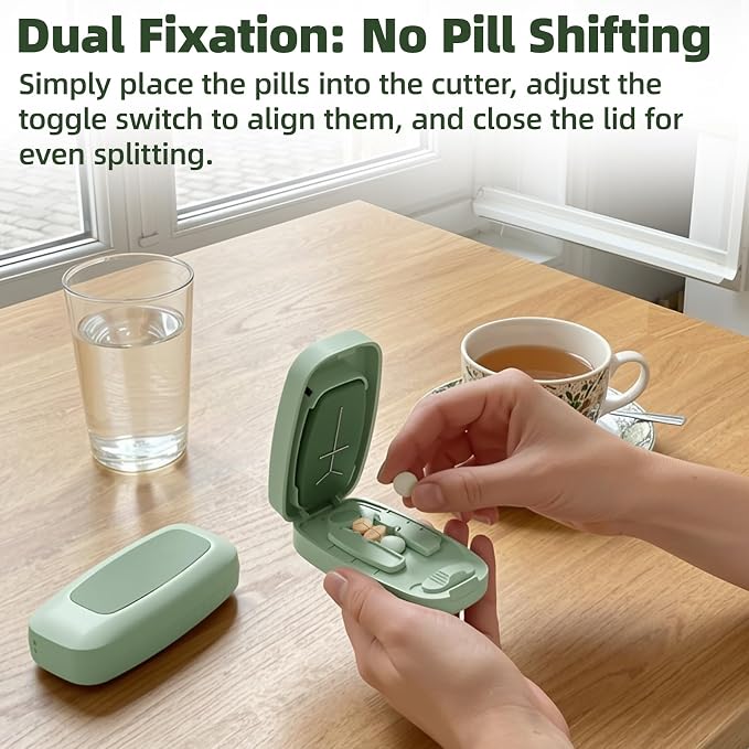 Pill Cutter Splitter with Adjustable Slot, 1/2 1/3 1/4 Even Splitting for Small Large Pills, Oval Long Tablets & Vitamins, Dual Fixing Clips, Multi-Pill Cutting, Hidden Sharp Blade (Green)