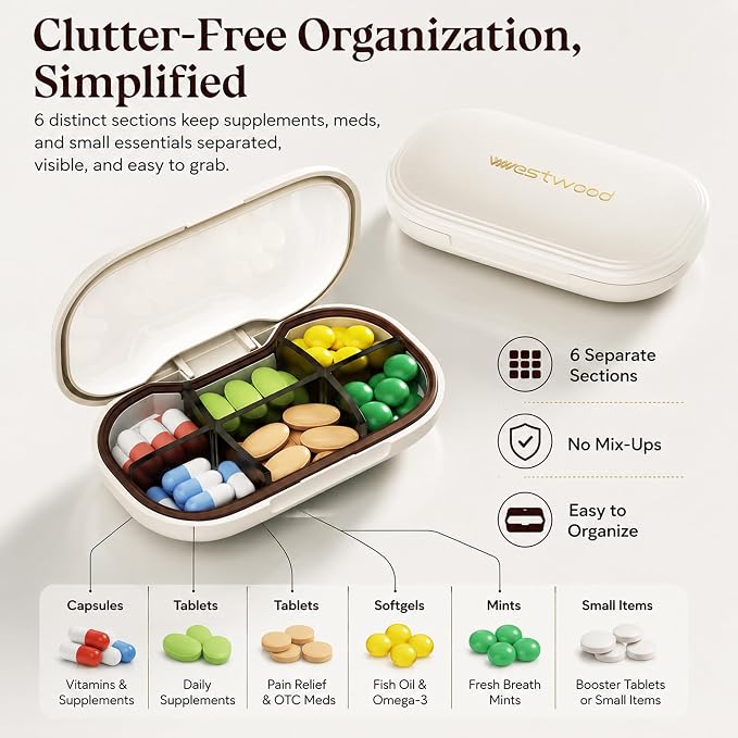 HyJeryty 6-Compartment Pill Organizer - Small Compact Travel Pill Case for Vitamins, Medication and Supplements - Portable White Medicine Pill Box with Stylish Design