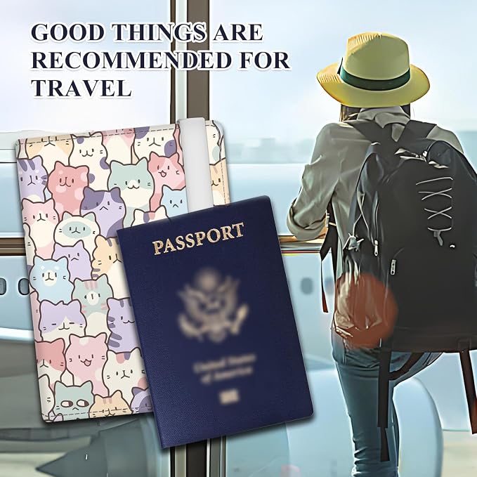 Passport Holder for Travel Essentials, RFID Premium Leather Passport Wallet Cover Case for Travel Must Haves Accessories, Passport Book Holders for Women Men Cute Cats