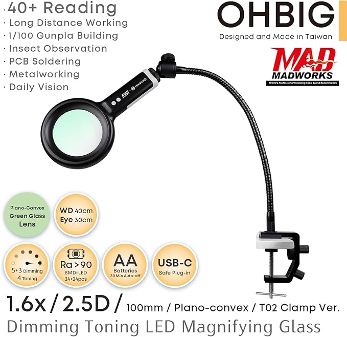 HWATANG OHBIG x MADWORKS 1.6x/2.5D/100mm Dimming Toning LED Magnifying Glass - Green Glass Lens, Daily Vision, Insect Observation, Soldering, Ra 94 Ring Light, 40+ Reading Magnifier (w/Desk Clamp Kit)