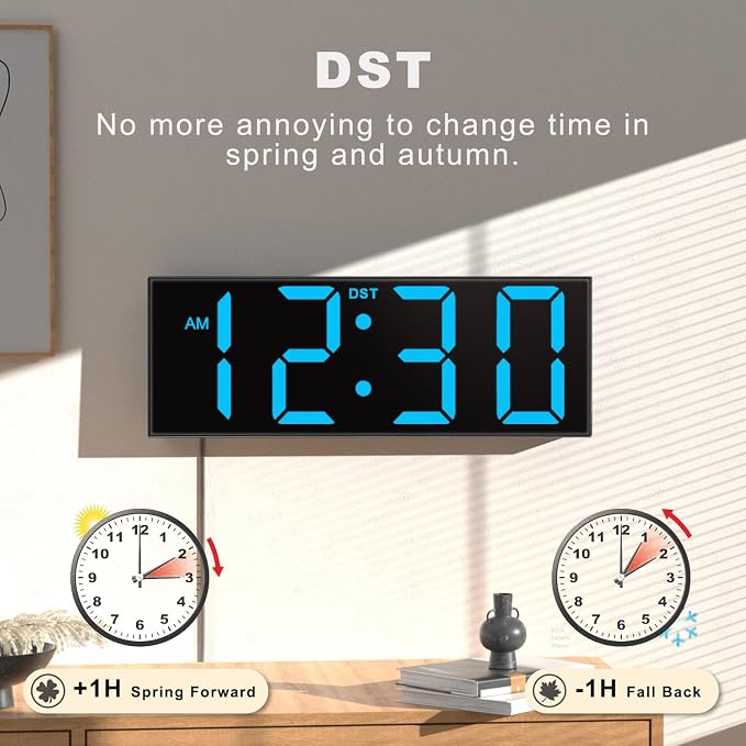 JALL 12" Large Digital Wall Clock, Big LED Number Dispaly, DST, Night Light for Classroom, Living Room, Bedroom, Mounted, Birthday Xmas Gift for Senior, Mem Womem Mom Dad, Blue