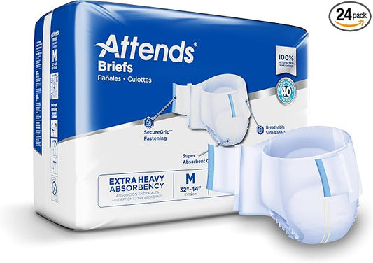 Attends Adult Incontinence Disposable Briefs, Medium, 32"-44" Waist with SecureGrip Tab Closure, Extra Heavy Absorbency with Super Absorbent Core and Breathable Side Panels, 24ct Bag