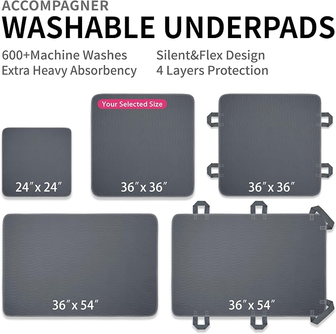 Accompagner Incontinence Bed Pads Washable Waterproof, Ultra-Absorbent Reusable Underpads for Diaper Changing, Nursing, Bedridden, Adults, Seniors, Kids and Dogs (Dark Gray, 36"x36"(Pack of 6))
