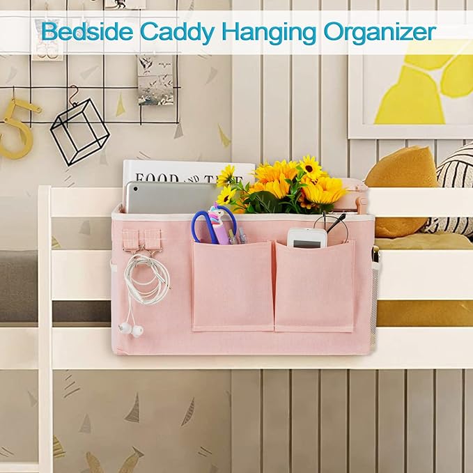Bedside Caddy, Bedside Storage Bag Hanging Organizer for Bunk Dorm Bed Rail | Bed Caddy with Hooks, Top Bunks and Dorm Essentials for Water, Tissues, Tablets, Books, Phones, Remotes and Other Necessories