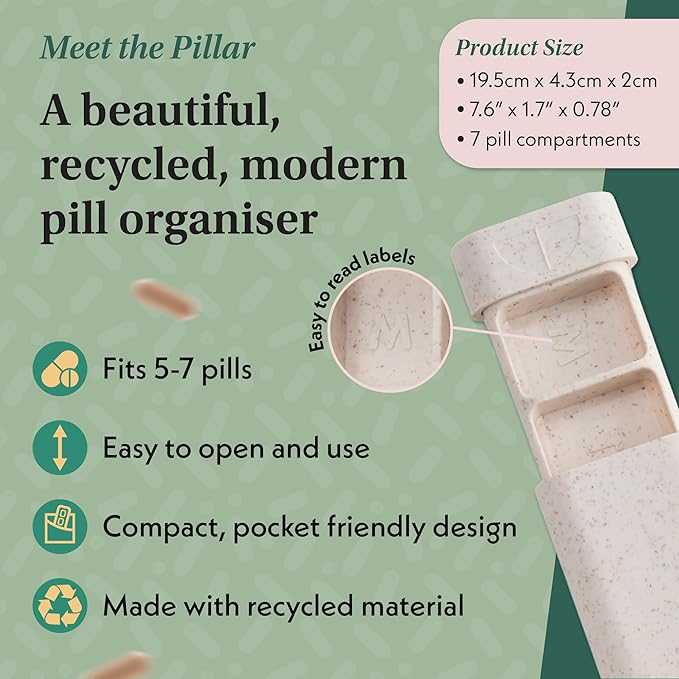 Pillar - 7 Day Pill Box Organiser | BPA-Free Wheat Straw Pill Organiser | Beautiful Tablet Organiser for Travel and Home (Off White)