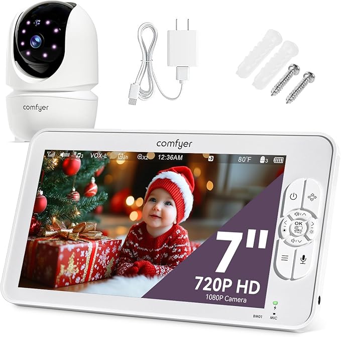 Baby Monitor with Camera and Audio, 7" 720P HD Video Baby Monitor No WiFi, 6000mAh Battery, VOX Mode, Auto Night Vision, Hack Proof, Remote PTZ