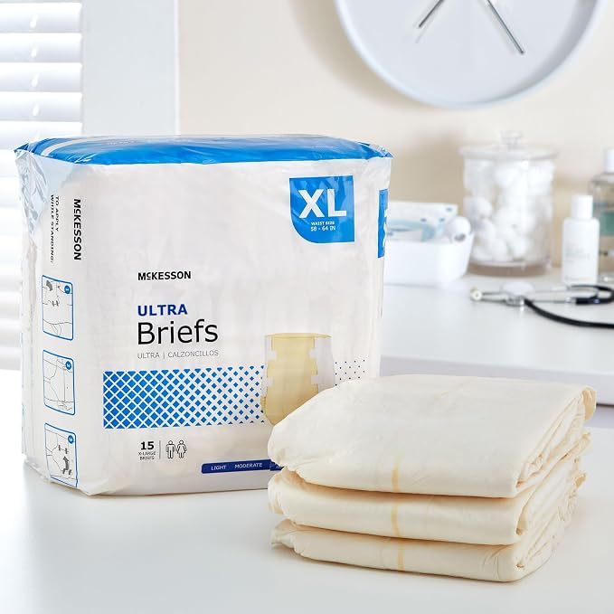 McKesson Ultra Briefs, XL, Heavy Absorbency, Unisex, 64 in, 15 ct | Disposable, Elastic Leg Gathers and Contoured Fit for Men and Women, Incontinence