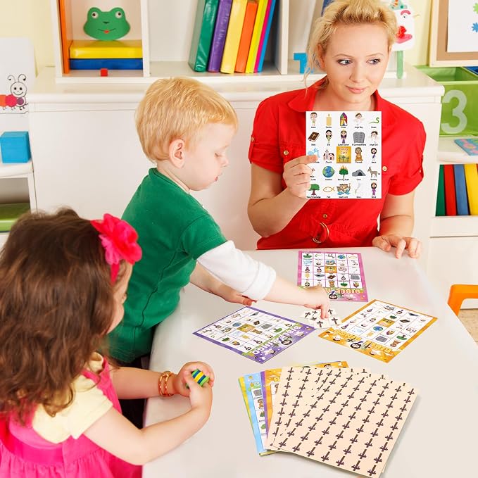 WorldBazaar Bible Bingo Game for Kids 24 Players Jesus Christian Bingo Game Cards Vacation Bible Sunday School Church Family Open Day Classroom Supplies