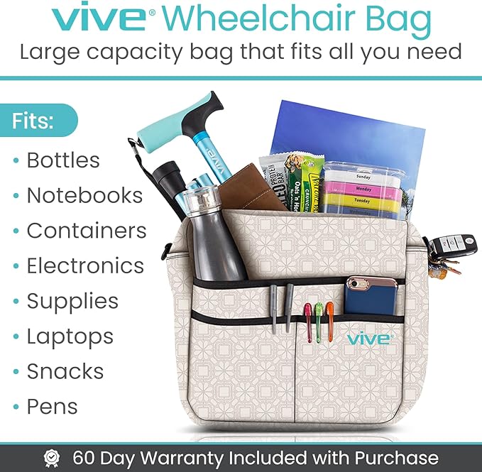 Vive Wheelchair Bag - Machine Washable, Double-Stitched, Water-Resistant Accessory Backpack for Rollators, Wheel Chairs, Walkers - Pouch with XL Pockets & Straps for Quick Installation