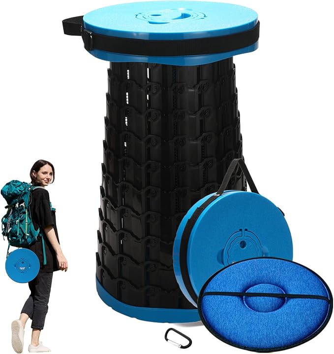 Collapsible Stool with Cushion,1000 lbs Capacity,19.7-in Adjustable Height | Wider & Taller Heavy Duty Portable Telescoping Folding Seat Chair for Adults Camping,Fishing,Travel,Queue Wait,Stadium View