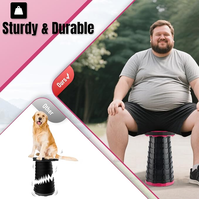 Doseno Collapsible Stool, Portable Stool, Foldable Collapsible Seat, Pink | Retractable foldable stool spans 2.4-17.5 in; portable seat with carry strap for fishing, hiking, camping, BBQ and travel.