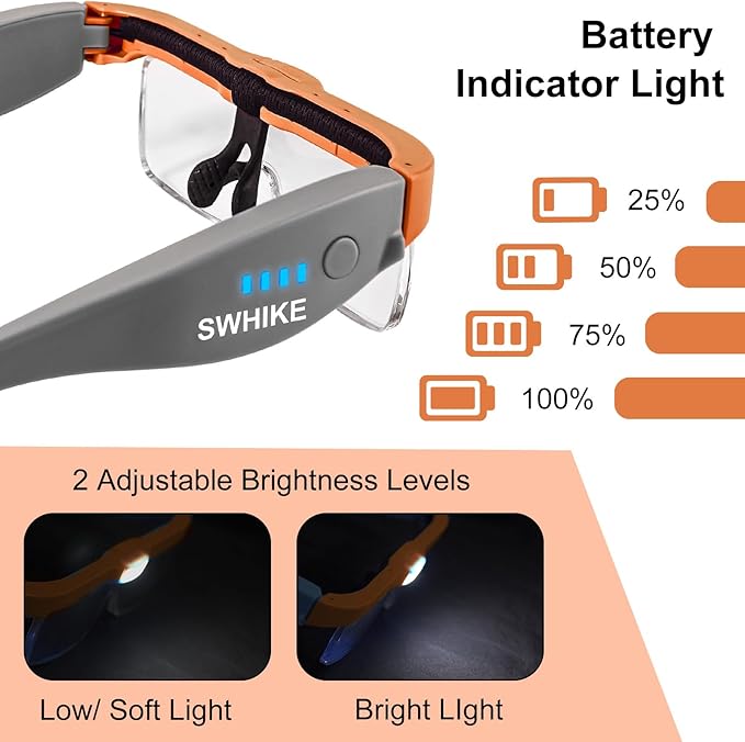 Magnifying Glass with Light Hands Free, Rechargeable Magnifying Glasses Headset with 5 Detachable Lenses Magnifier for Close Work, Reading, Jewelry Making Crafts (Orange & Gray)