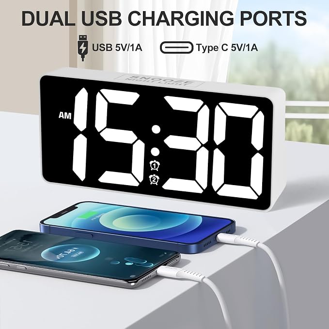PPLEE Alarm Clock for Bedroom with Night Light & Bold Digits-7 in Digital Clock with Dual Alarms & USB Charger Ports,Battery Backup,Adjustable Brightness&Volume,DST, Loud Desk Clock for Heavy Sleeper