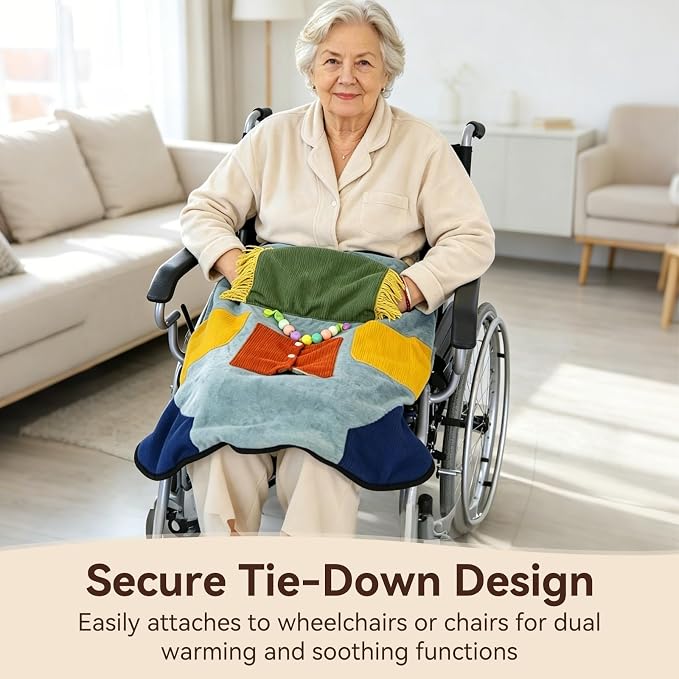 Blue Sensory Fidget Lap Blanket | Warm Fleece Activity Pad, Fine Motor Skills Toys, Calming Engagement for Elderly & Dementia, Fits Wheelchair & Chair