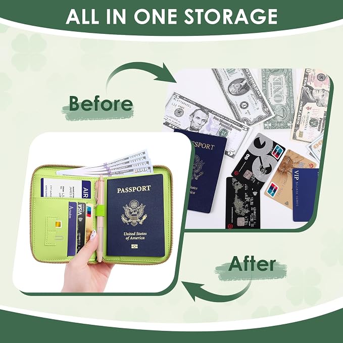 KONVINIT Four Leaf Passport Holder For Travel, Passport Cover For Women | Leather RFID Blocking Passport Holder, Cute Passport Wallet with Zipper Closure, Passport Case for Women and Men