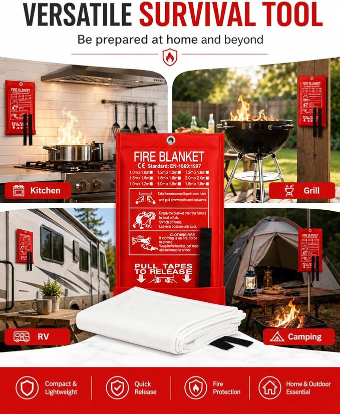 Ougist 4 Pack Emergency Fire Blanket for Home and Kitchen, 40"x40" Fire Blankets for Safety, Fiberglass Flame Suppression for Grill, RV & Camping, Peace of Mind for Your Family