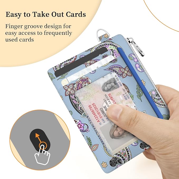 Hancynir Boho Floral Slim Wallet Women Credit Card Holder, RFID Small | Zipper Pocket Wallet, Thin Travel Coin Purse, Ladies Women Gifts, Minimalist Card Case, 6 Card Slots, ID Window, PU Leather
