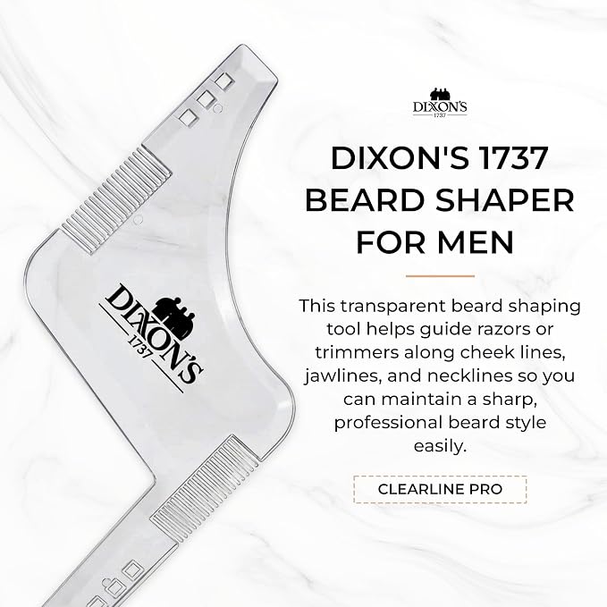 Dixon's 1737 Clear Line Pro Beard Shaper for Men – Transparent Beard Line Up Tool with Comb Edges, Beard Template for Cheek Line, Neckline and Jawline Trimming