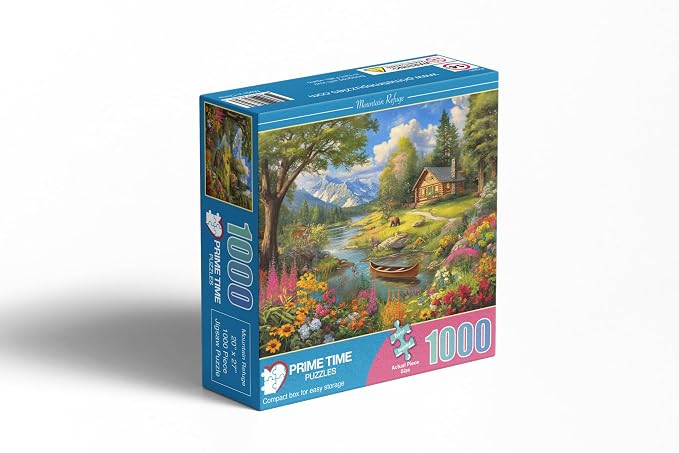 Adult Jigsaw Puzzle Log Cabin Mountain Lake | 1,000 piece challenging puzzle of a wildlife floral landscape with a canoe. Suitable on a table, puzzleboard, or floor.