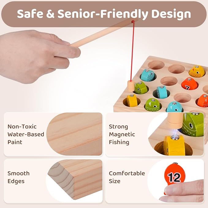 Dementia Magnetic Fishing Game, Wooden Cognitive Toy for Seniors | Alzheimer memory training toy, improves seniors fine motor skills, wooden magnetic brain exercise game