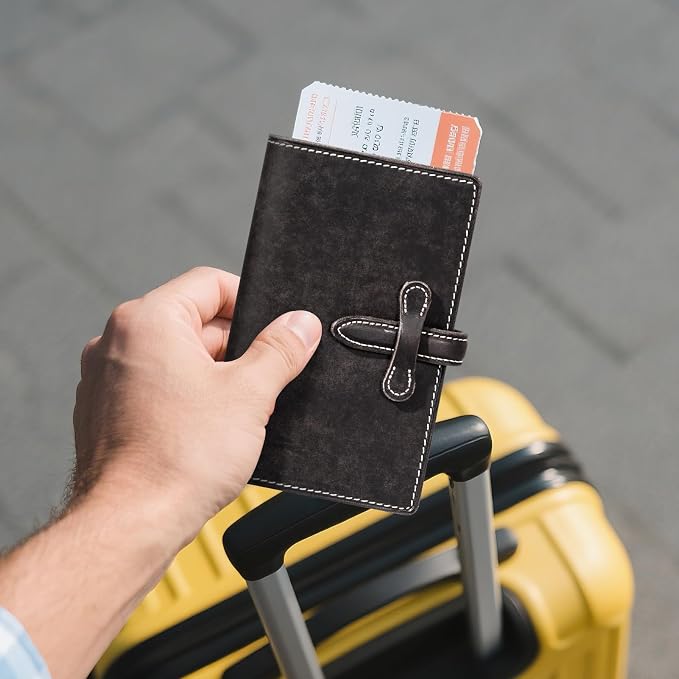 Leather Passport Holder for Travel,Passport Wallet,Dark Gray | RFID Blocking Card Slot,Top-Grain leather with Magic Buckle,Boarding Pass Pocket,Retro Style,Slim and Light-weight