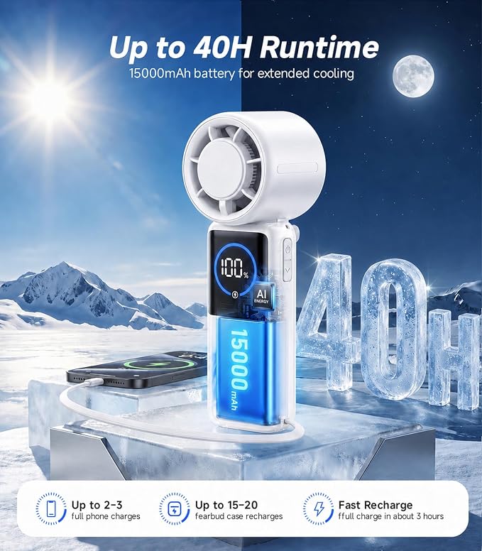 Turbo Portable Handheld Fan, 15000mAh Rechargeable Personal Fan for Travel | 15m/s Foldable Neck Fan with 100 Speeds, Up to 50H Runtime, Built-in USB-C Output and Display for Concerts and Outdoors