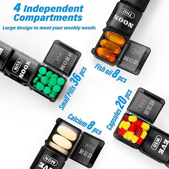 XL Large Weekly Pill Organizer 4 Times a Day, 7-Day Pill Boxes and Organizer AM PM, Big Compartments Pill Case, Monthly Medication Organizer 28-Days Dispenser for Fish Oils