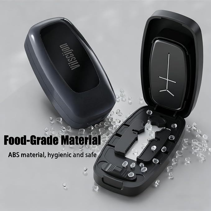 Pill Cutter Splitter for Small and Tiny Pills - Pill Cutter 1/4 - Accurately Cuts Multiple Pills - Easy Open Snap Button. Detachable Nonslip V-Shaped Pad. Wrap-Around Blade Guard. Back Storage (Black)