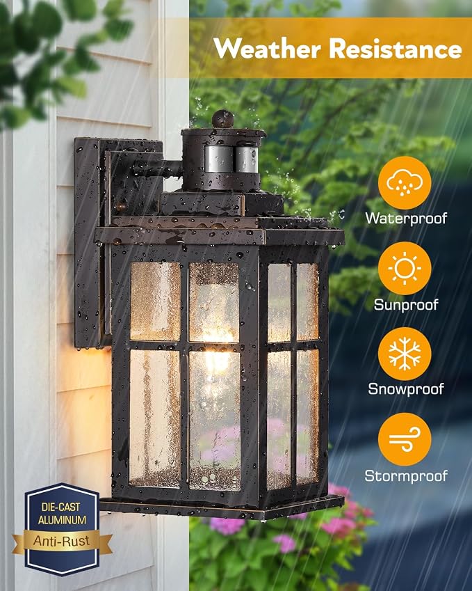 VIANIS Motion Sensor Exterior Lighting Fixtures for House, 3 Lighting Modes | Anti-rust, ORB Gold Trim Dusk to Dawn Outdoor Porch Light, Waterproof Outdoor Garage Lights Wall Mount, Outside Wall Sconce