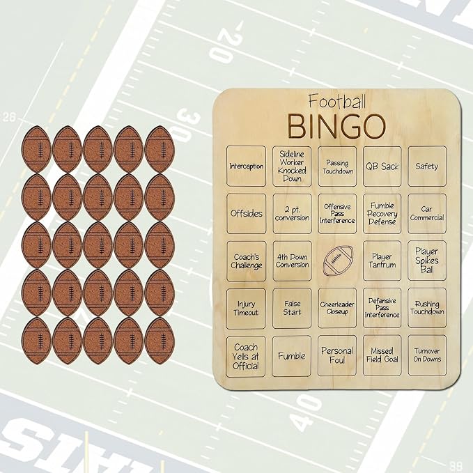 Sports Bingo Chess and Card Game, Baseball Football Bingo Wooden Board Bingo Ball Game Set 4.3 * 5.1 inches, Adult Party Edition(Football)