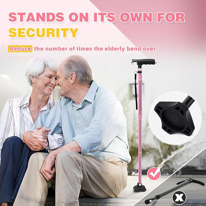 BeneCane Walking Cane for Women Folding Cane for Men with Two Led Lights Quad Cane with Stable Base Lightweight and Adjustable Walking Stick