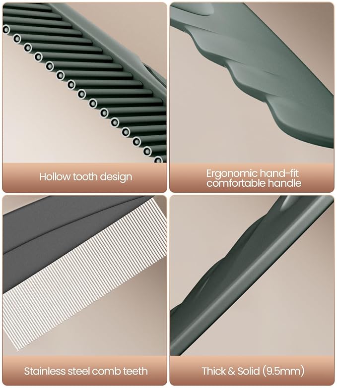 Dandruff Comb Removal 2PC Hollow Fine Tooth Scalp Detox Hair Care Tool | Upgraded Stainless Steel Teeth, with Gift Box, Build up Flake, Self Cleaning, Button-Release Design, for Women Men Kid, Green