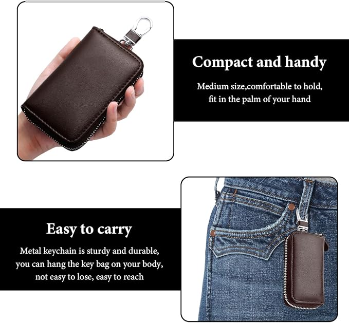 Leather Car Key Holder Bag, Unisex Key Fob Case with 6 Hooks, Zipper Closure Keychian Case Wallet for Smart Keys (Coffee)