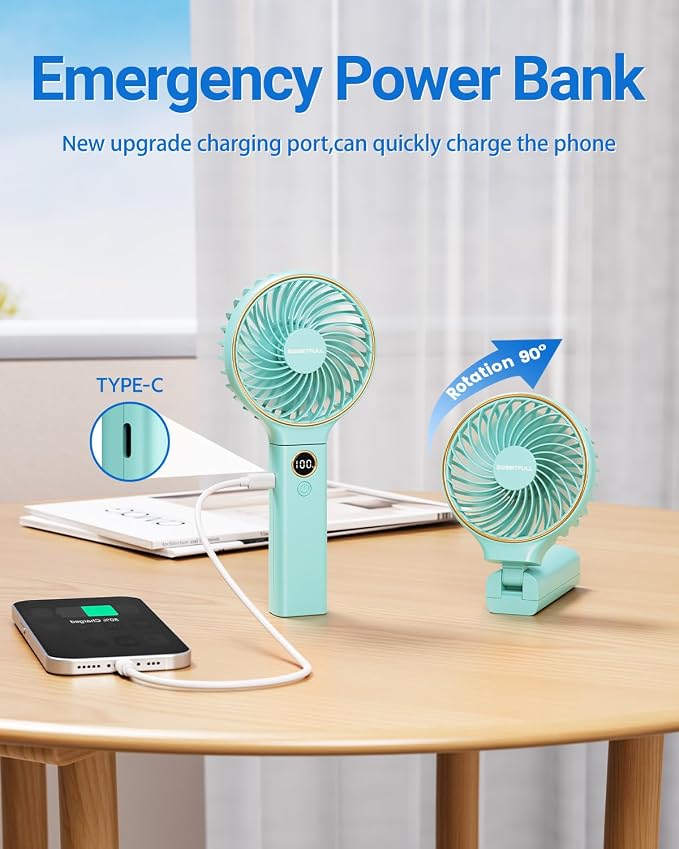 SWEETFULL Handheld Fan, Portable Fan, 5000mAh Rechargeable Battery, 6 Speed Wind, LED Display, Personal Mini Travel Fan with Backup Power, Hand Held Fan USB Foldable Electric Fan for Women Girl