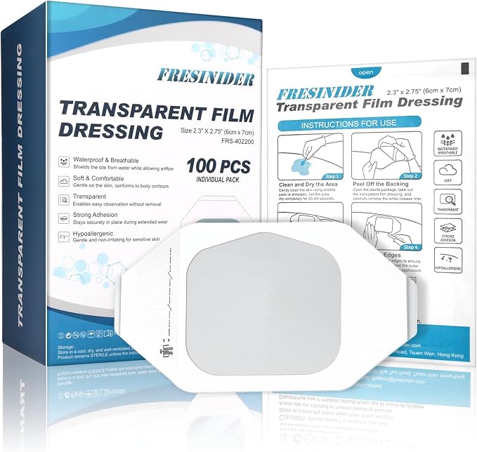 FRESINIDER Transparent Film Dressing 2.3” x 2.75” (100 Pack) – Small Waterproof Shower Bandages, Breathable Clear Wound Cover with Border for IV Shield, Post-Surgery Care & Tattoo Aftercare