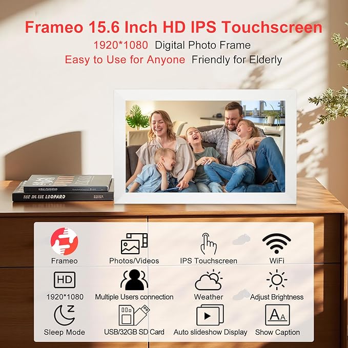 Frameo 15.6 Inch Digital Picture Frame WiFi, White Digital Photo Frame 1920x1080 IPS HD Touchscreen, 32GB Storage Share Photos/Videos, Tabletop&Wall-Mounted, Wedding, Birthday, Gifts for Loved Ones